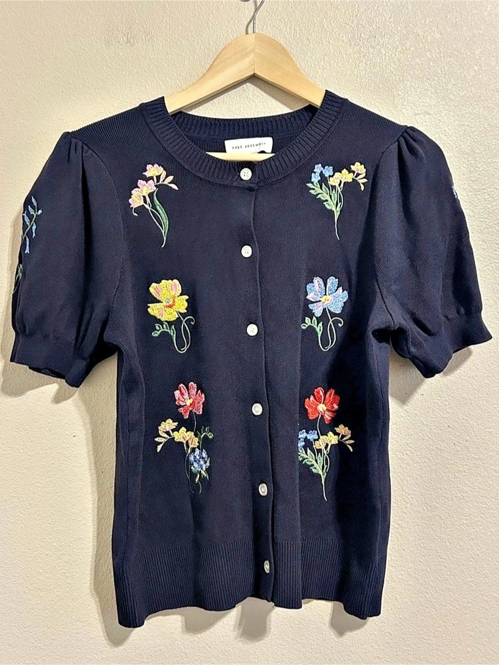 Free Assembly Embroidered Cardigan Sweater with Puff Sleeves Blue Large